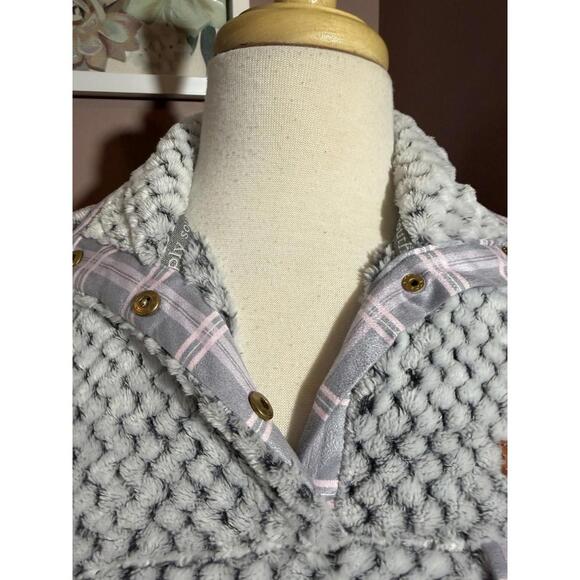Simply Southern Sherpa 1/4 Zip Pullover Womens Size Medium Gray Pink Plaid Trim - Picture 3 of 13